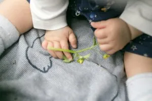 close-up photo of baby holding petaled flower